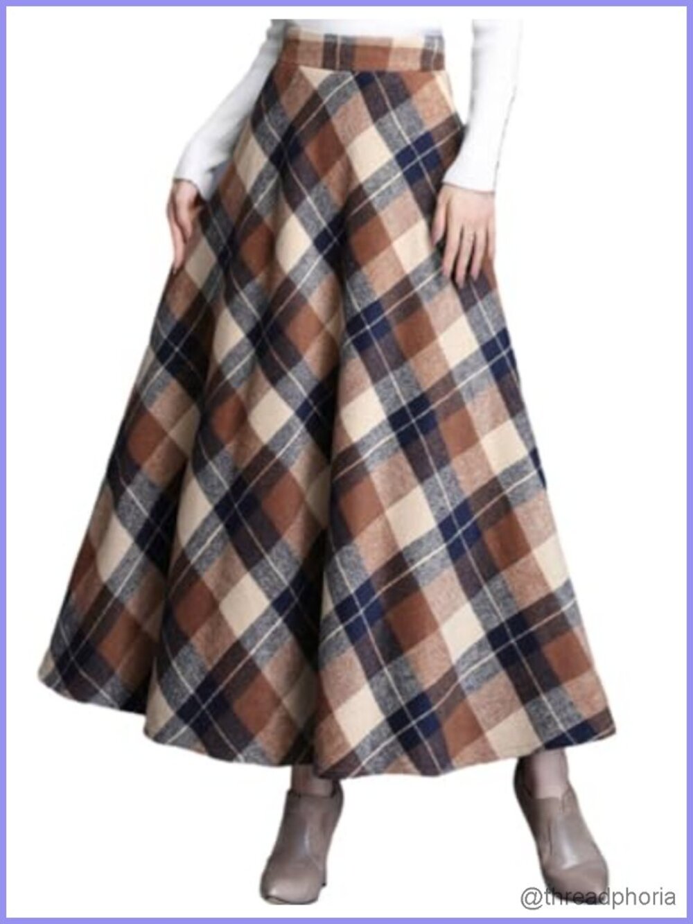 Women's Plaid Wool A-Line Skirt High Waist Pockets Warm Winter Midi